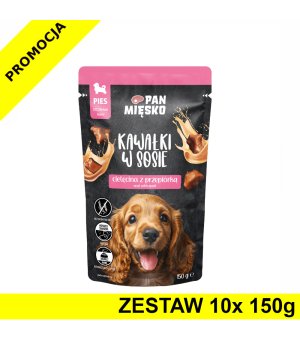 PAN MIĘSKO karma mokra Kawałki w sosie dla szczeniąt Cielęcina z Przepiórką 10x 150g ZESTAW