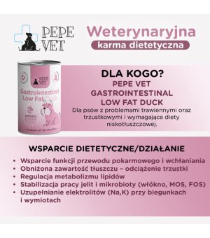 PEPE VET Karma mokra dla psa Gastrointestinal Low Fat Duck - Kaczka 400g