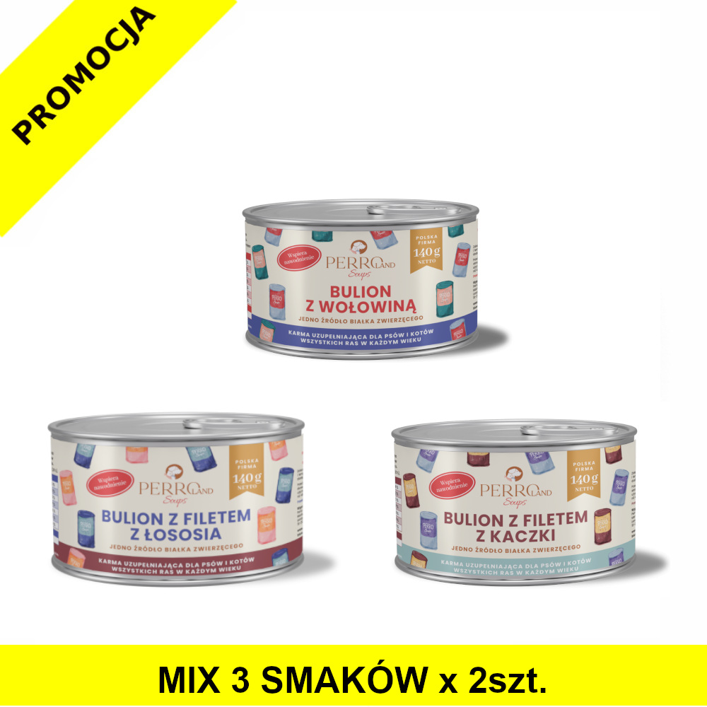 PERROland Soups Bulion MIX z Filetem z Łososia, Kaczki i Wołowiną dla psa i kota ZESTAW 6x 140g