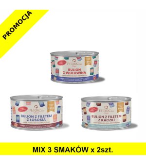 PERROland Soups Bulion MIX z Filetem z Łososia, Kaczki i Wołowiną dla psa i kota ZESTAW 6x 140g