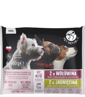 Pet Republic multipack karma mokra dla psa siekana w sosie Wołowina i Jagnięcina 4x 100g