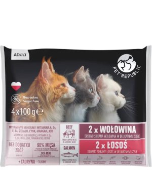 Pet Republic multipack Łosoś i Wołowina kawałki w delikatnym sosie dla kota 4x100g
