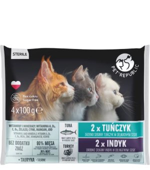 Pet Republic multipack Steril Tuńczyk i Indyk kawałki w delikatnym sosie dla kota 4x100g