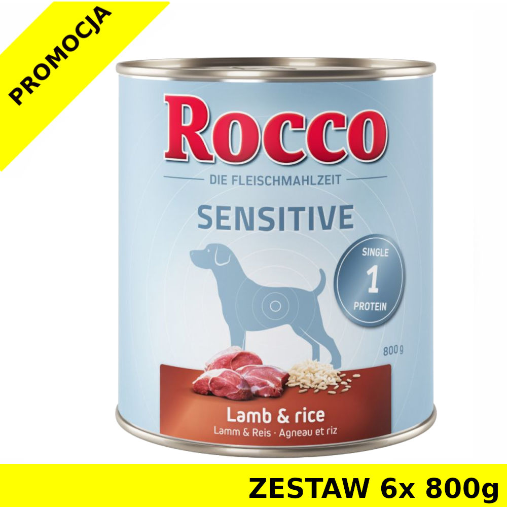 Karma mokra dla psa Rocco Diet Care Sensitive Jagnięcina z ryżem puszka ZESTAW 6x 800g