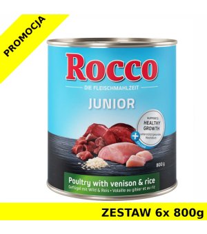 Karma mokra dla psa Rocco Diet Junior Kurczak z Dziczyzną, ryżem i wapniem puszka ZESTAW 6x 800g