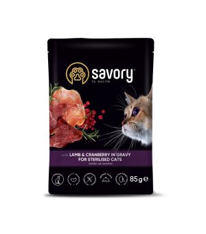Savory Adult Cat Pouch Sterilised Lamb & Cranberry - Jagnięcina z Żurawiną w sosie 85g