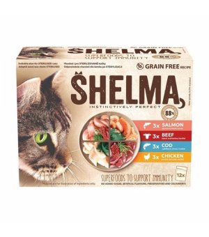 Shelma CAT kurczak, wołowina, łosoś, dorsz w sosie saszetka 12x 85g