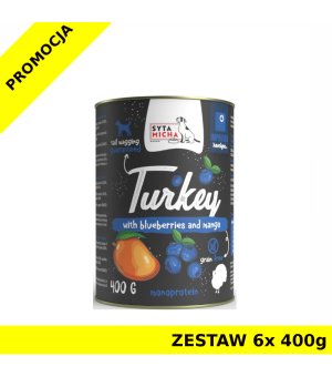Syta Micha karma mokra dla psów dorosłych Classic Indyk z Jagodami i Mango ZESTAW 6x 400g