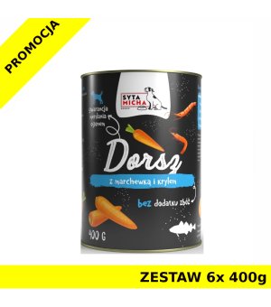 Syta Micha karma mokra dla psów dorosłych Classic Dorsz z Marchewką i Krylem ZESTAW 6x 400g