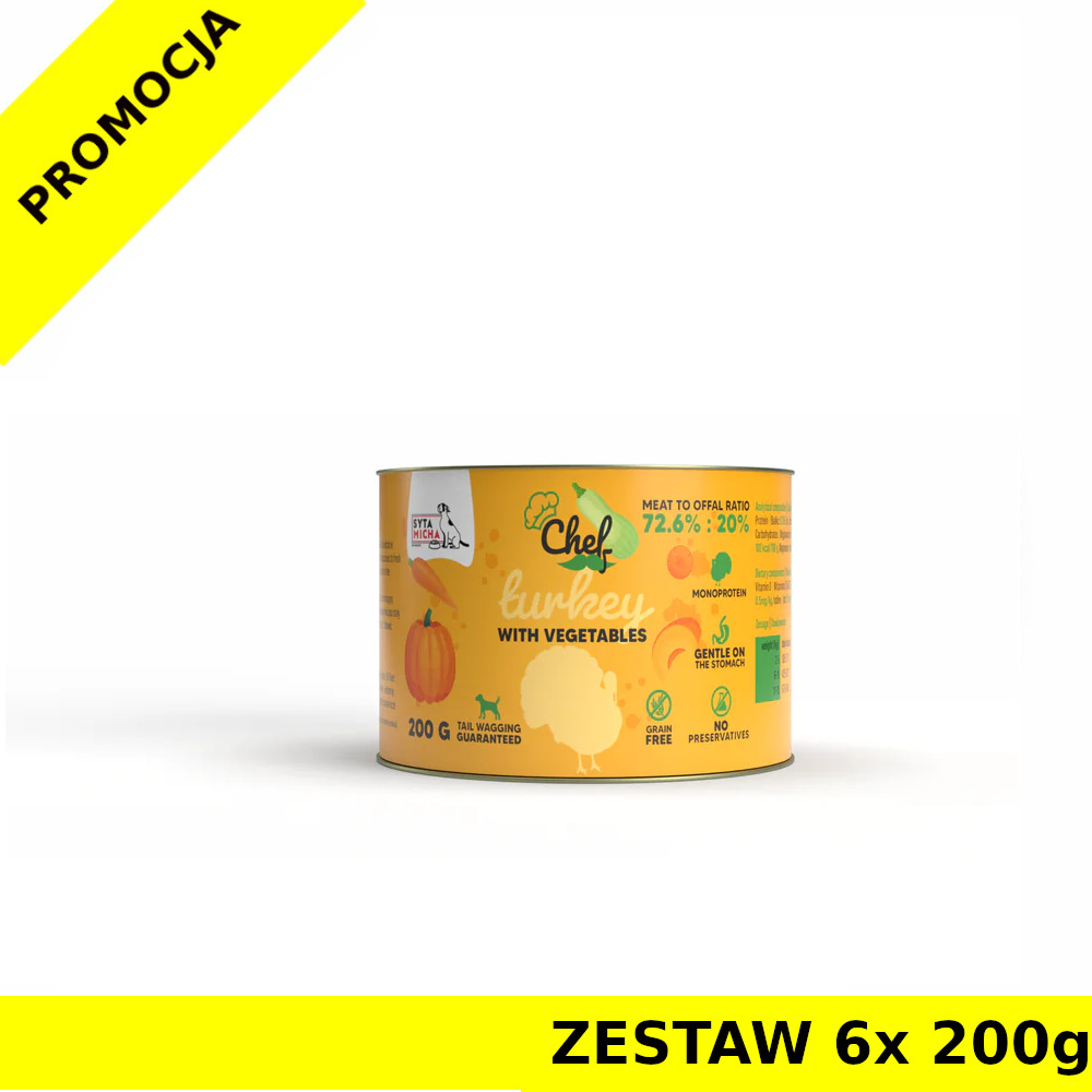 Syta Micha karma mokra dla psów dorosłych CHEF Indyk z Warzywami ZESTAW 6x 200g
