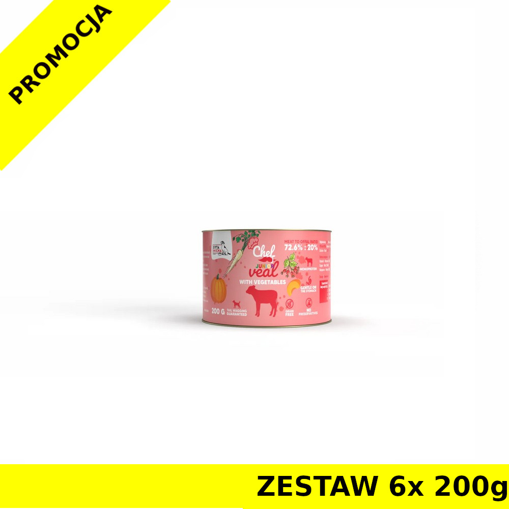 Syta Micha karma mokra dla szczeniąt CHEF Cielęcina z Warzywami JUNIOR ZESTAW 6x 200g
