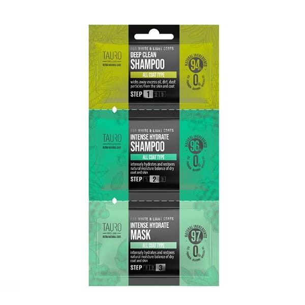Tauro Pro Line Zestaw White and Light Coat Deep Clean szampon 6ml + Intense Hydrate szampon 8ml + Intense hydrate maska 4ml