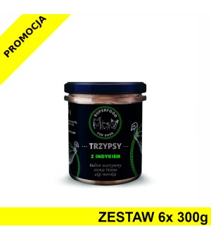 TRZY PSY Karma mokra dla psów w słoiku Wieprzowina z Indykiem ZESTAW 6x 300g