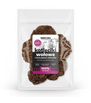 UNISZKI naturalny gryzak Kotleciki Wołowe z kaszą jaglaną i pietruszką 100g