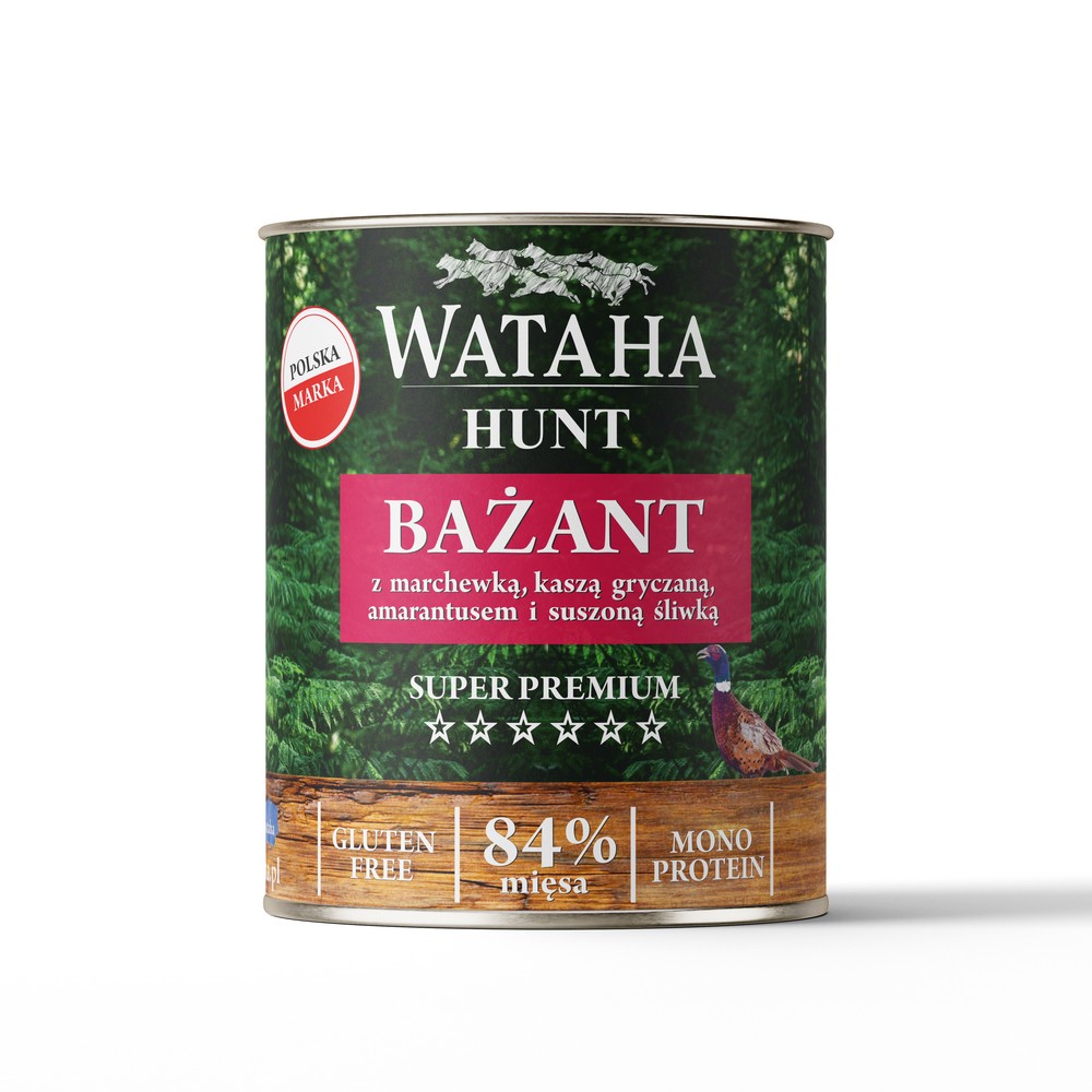 Wataha karma mokra Adult HUNT MONO Bażant z Marchewką, Kaszą Gryczaną, Amarantusem i Suszoną Śliwką 800g
