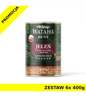Wataha karma mokra Adult HUNT MONO Jeleń z Kaszą Gryczaną i Żurawiną ZESTAW 6x 400g