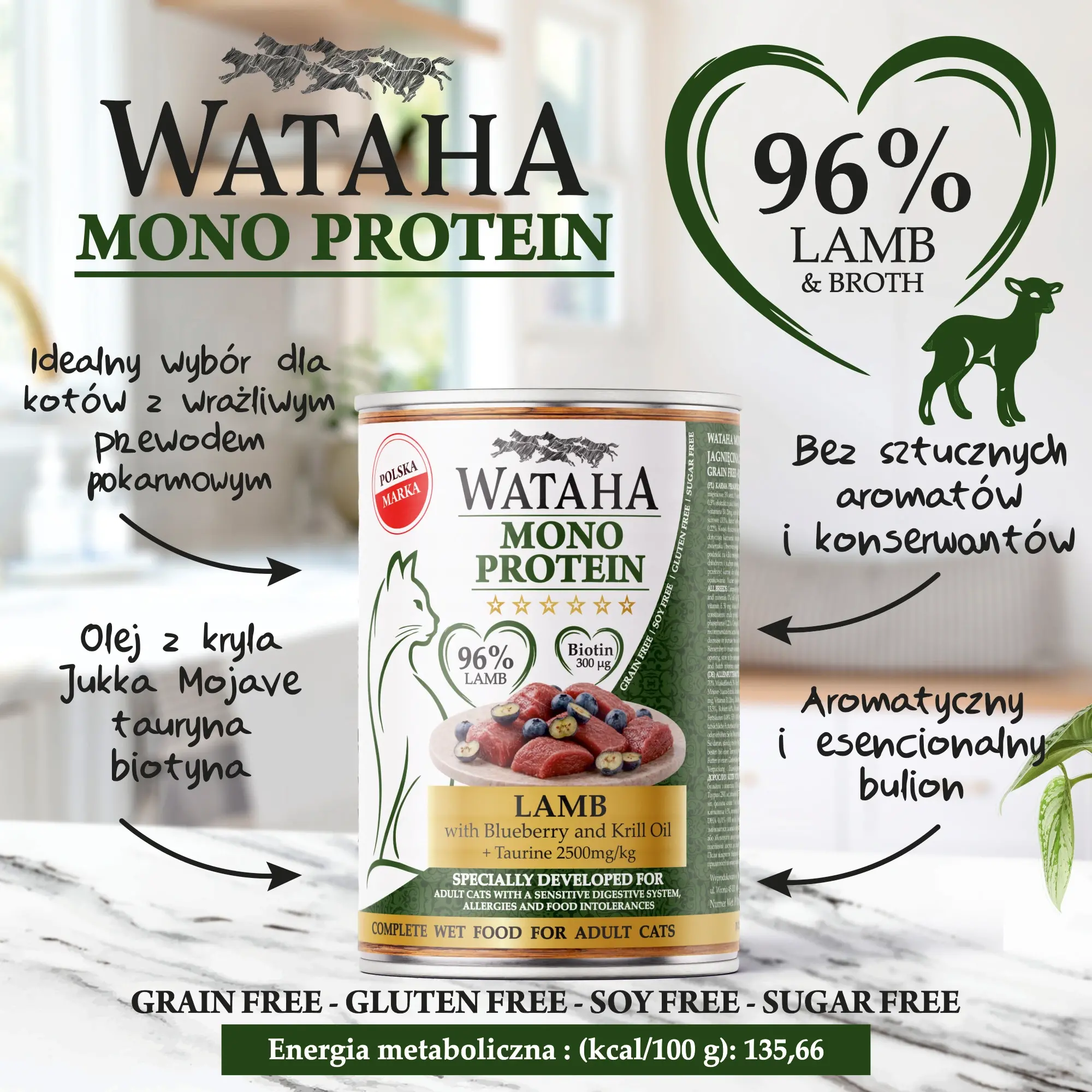 Wataha karma mokra dla kotów MONO Jagnięcina z Borówkami 400g