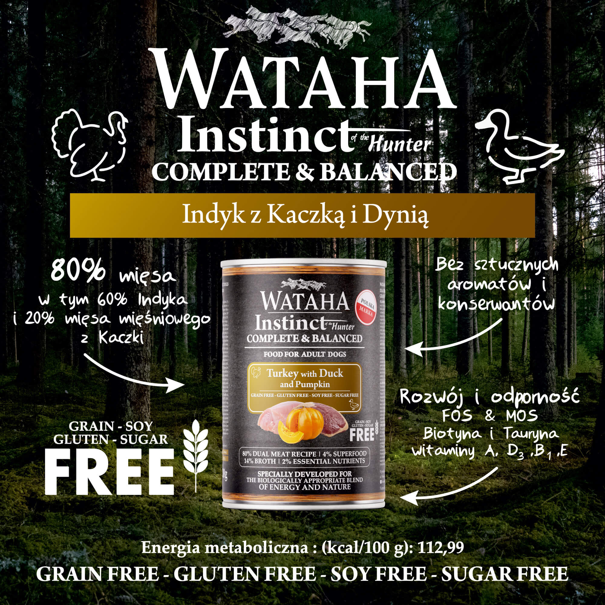 Wataha karma mokra dla psów dorosłych INSTINCT Indyk z Kaczką i Dynią 400g