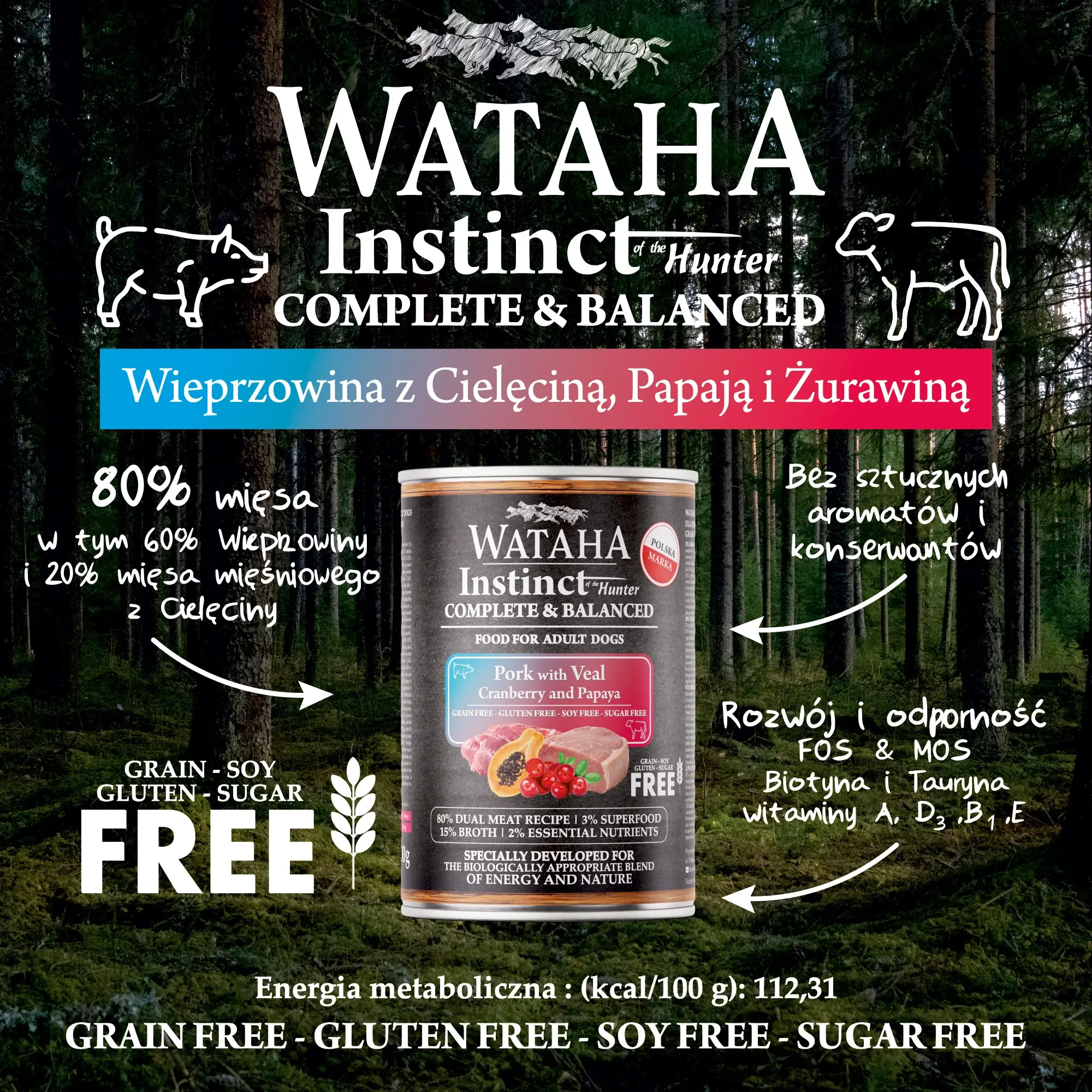 Wataha karma mokra dla psów dorosłych INSTINCT Wieprzowina z Cielęciną, Papają i Żurawiną 400g