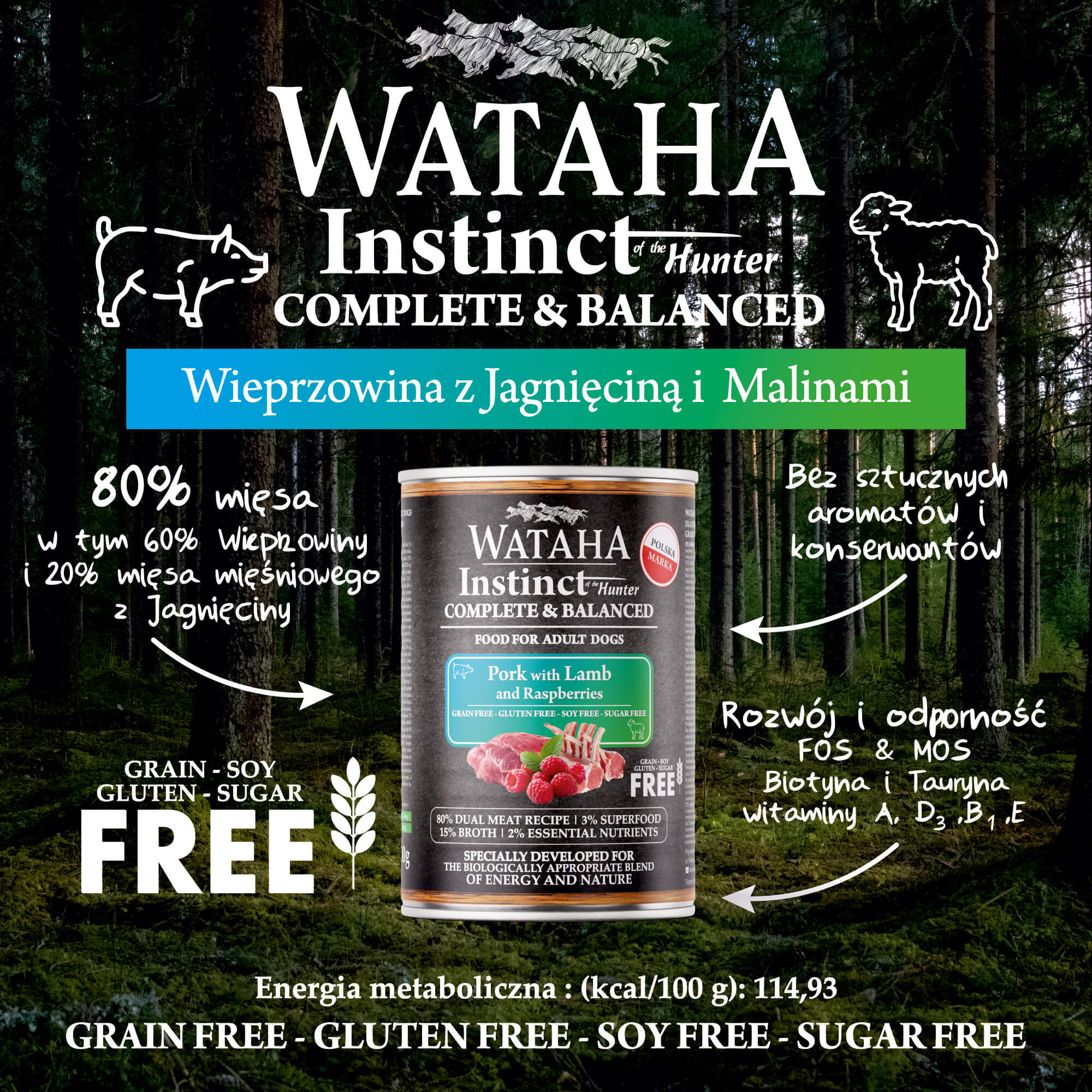 Wataha karma mokra dla psów dorosłych INSTINCT Wieprzowina z Jagnięciną i Malinami 400g