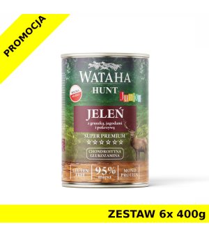 Wataha karma mokra dla szczeniąt HUNT MONO Jeleń z Gruszką, Jagodami i Pokrzywą ZESTAW 6x 400g