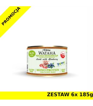 Wataha karma mokra dla szczeniąt MONO Jagnięcina z Borówką Amerykańską ZESTAW 6x 185g