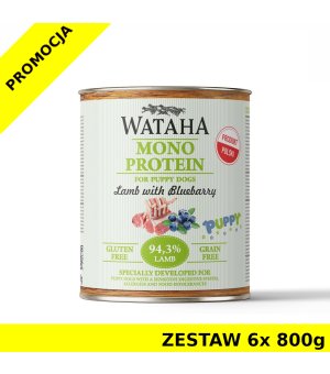 Wataha karma mokra dla szczeniąt MONO Jagnięcina z Borówką Amerykańską ZESTAW 6x 800g
