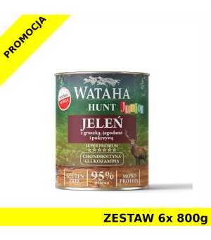 Wataha karma mokra dla szczeniąt HUNT MONO Jeleń z Gruszką, Jagodami i Pokrzywą ZESTAW 6x 800g