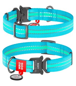 WAU DOG obroża nylonowa odblaskowa niebieska L 33-49cm/25mm z metalowym zapięciem