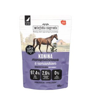 Wiejska Zagroda karma mokra dla psów dorosłych MONO Konina z Rumiankiem 500g - saszetka