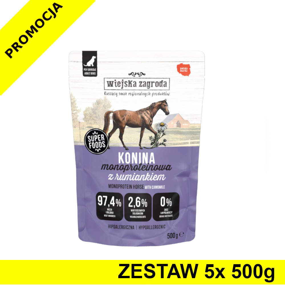 Wiejska Zagroda karma mokra dla psów dorosłych MONO Konina z Rumiankiem 5x 500g ZESTAW
