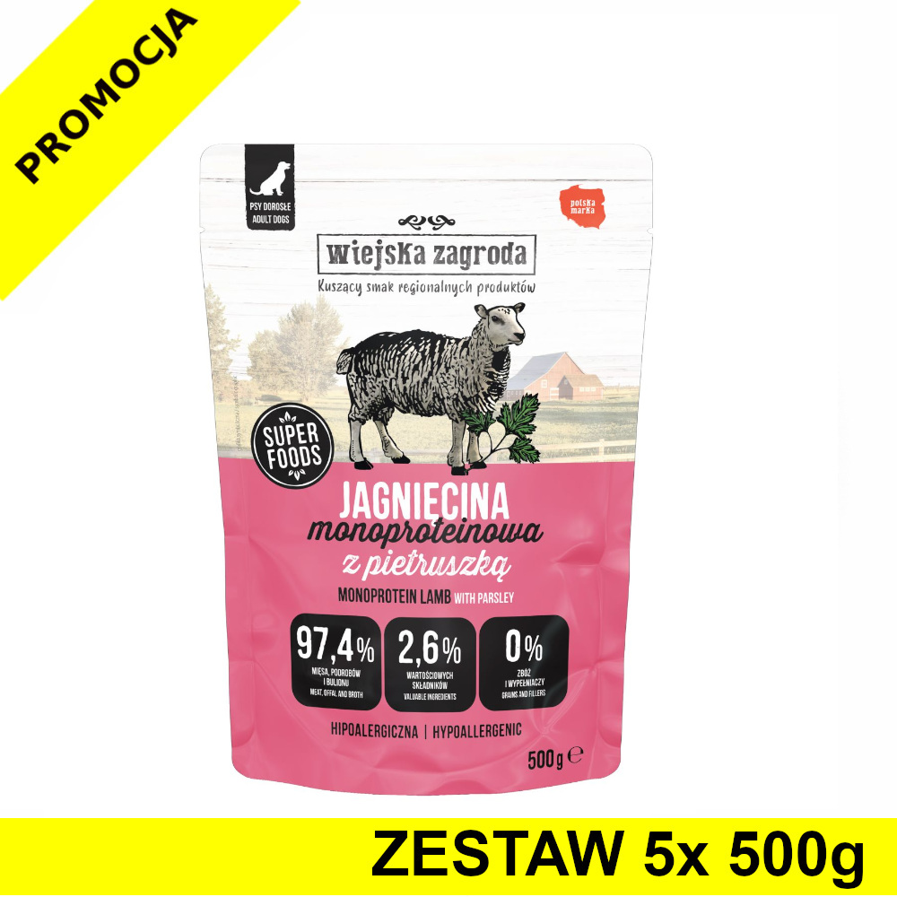 Wiejska Zagroda karma mokra dla psów dorosłych MONO Jagnięcina z Pietruszką 5x 500g ZESTAW