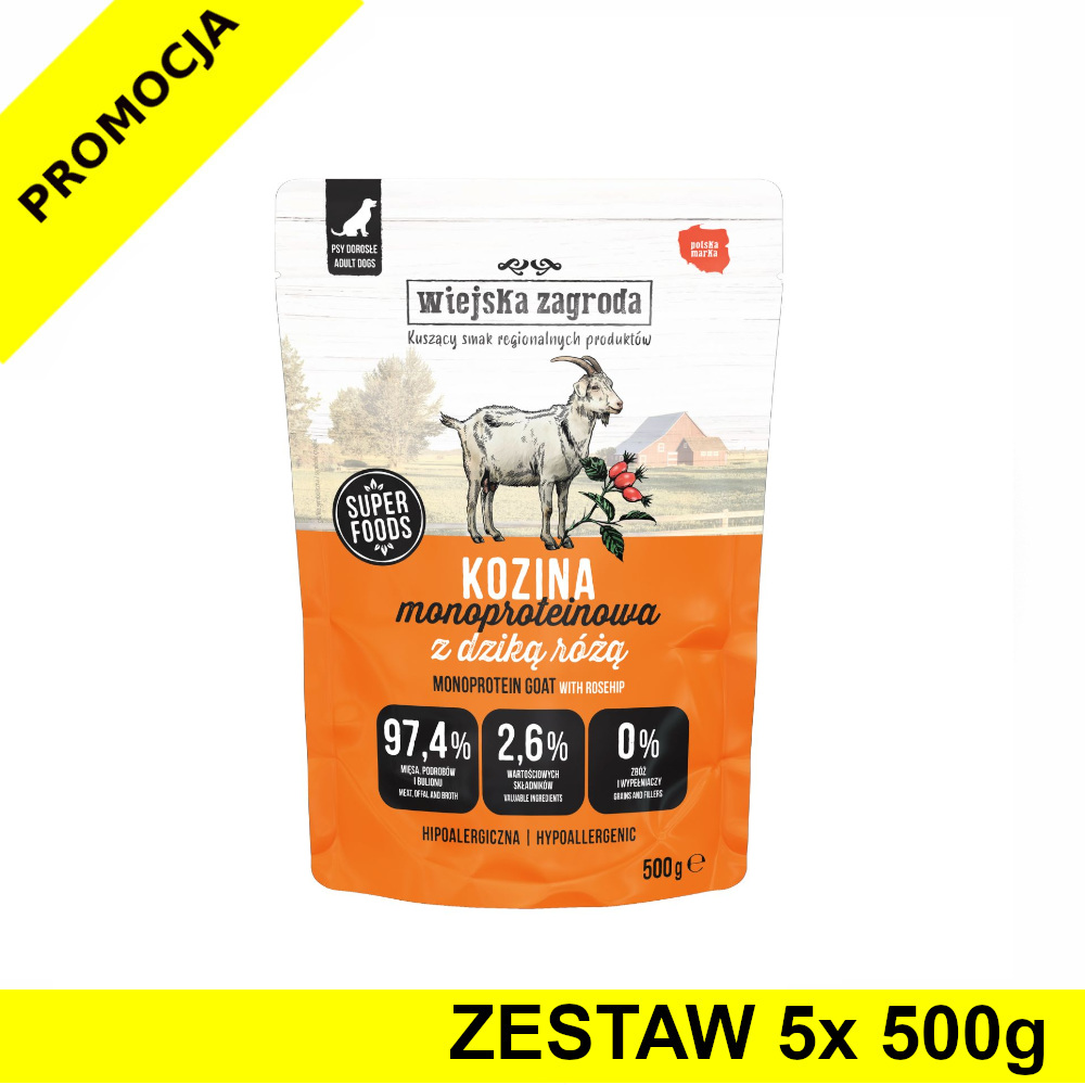 Wiejska Zagroda karma mokra dla psów dorosłych MONO Kozina z Dziką Różą 5x 500g ZESTAW