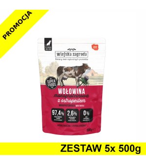 Wiejska Zagroda karma mokra dla psów dorosłych MONO Wołowina z Ostropestem 5x 500g ZESTAW