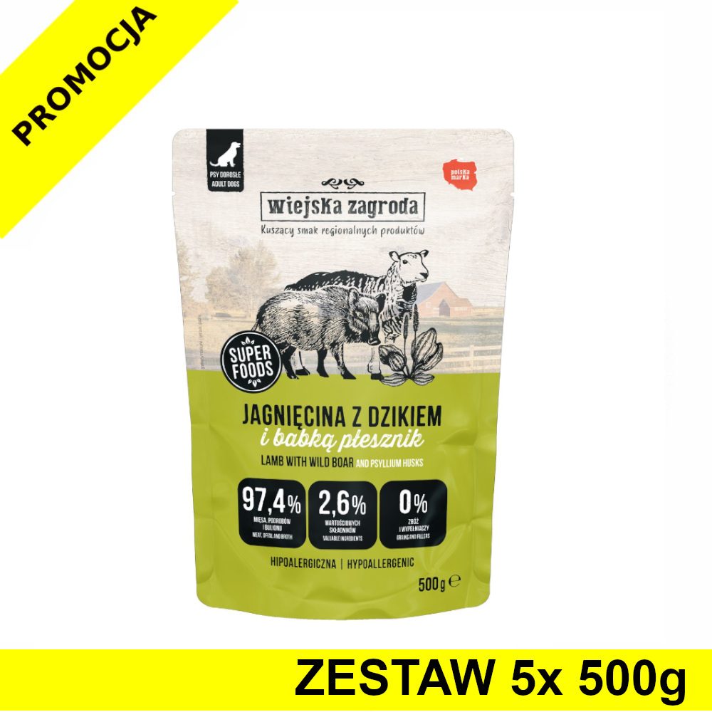 Wiejska Zagroda karma mokra dla psów dorosłych Jagnięcina z Dzikiem 5x 500g ZESTAW