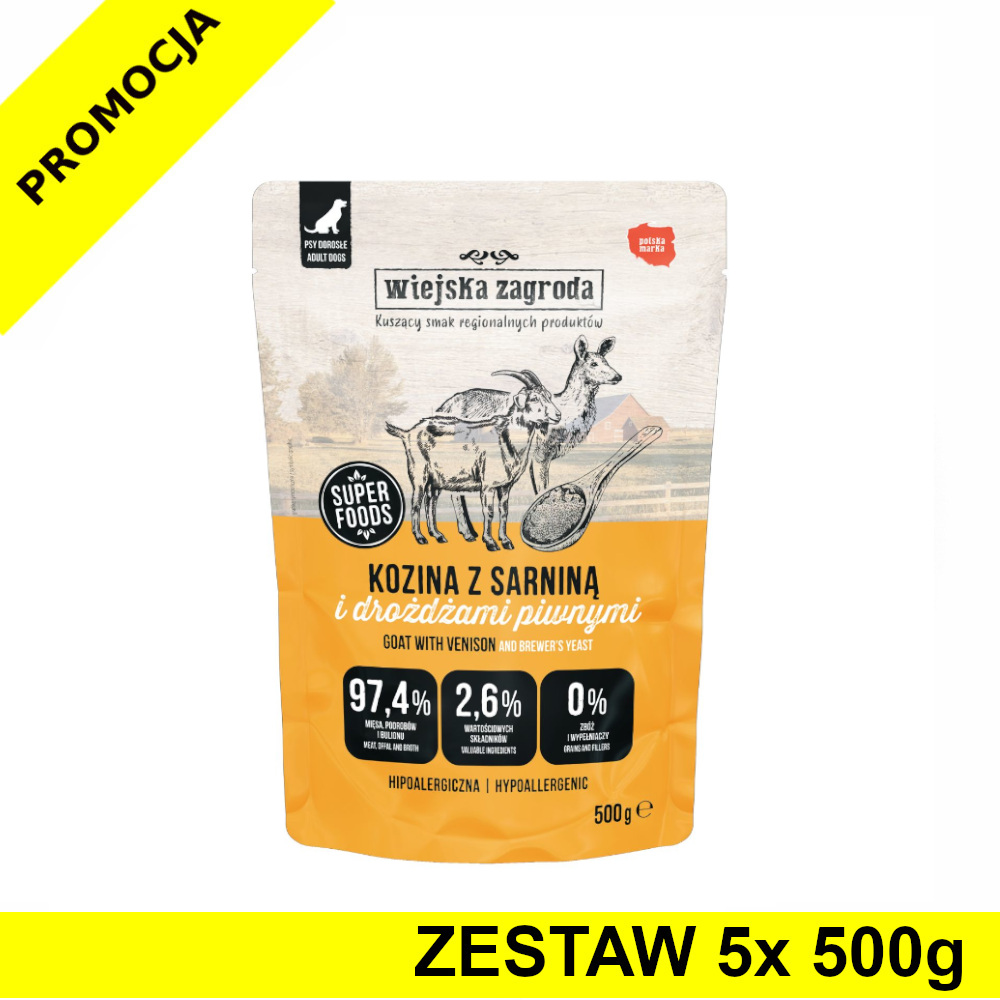 Wiejska Zagroda karma mokra dla psów dorosłych Kozina z Sarną 5x 500g ZESTAW