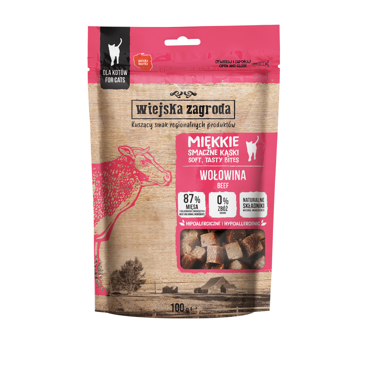 Wiejska Zagroda Przysmaki dla kota Miękkie Kąski Wołowina 100g