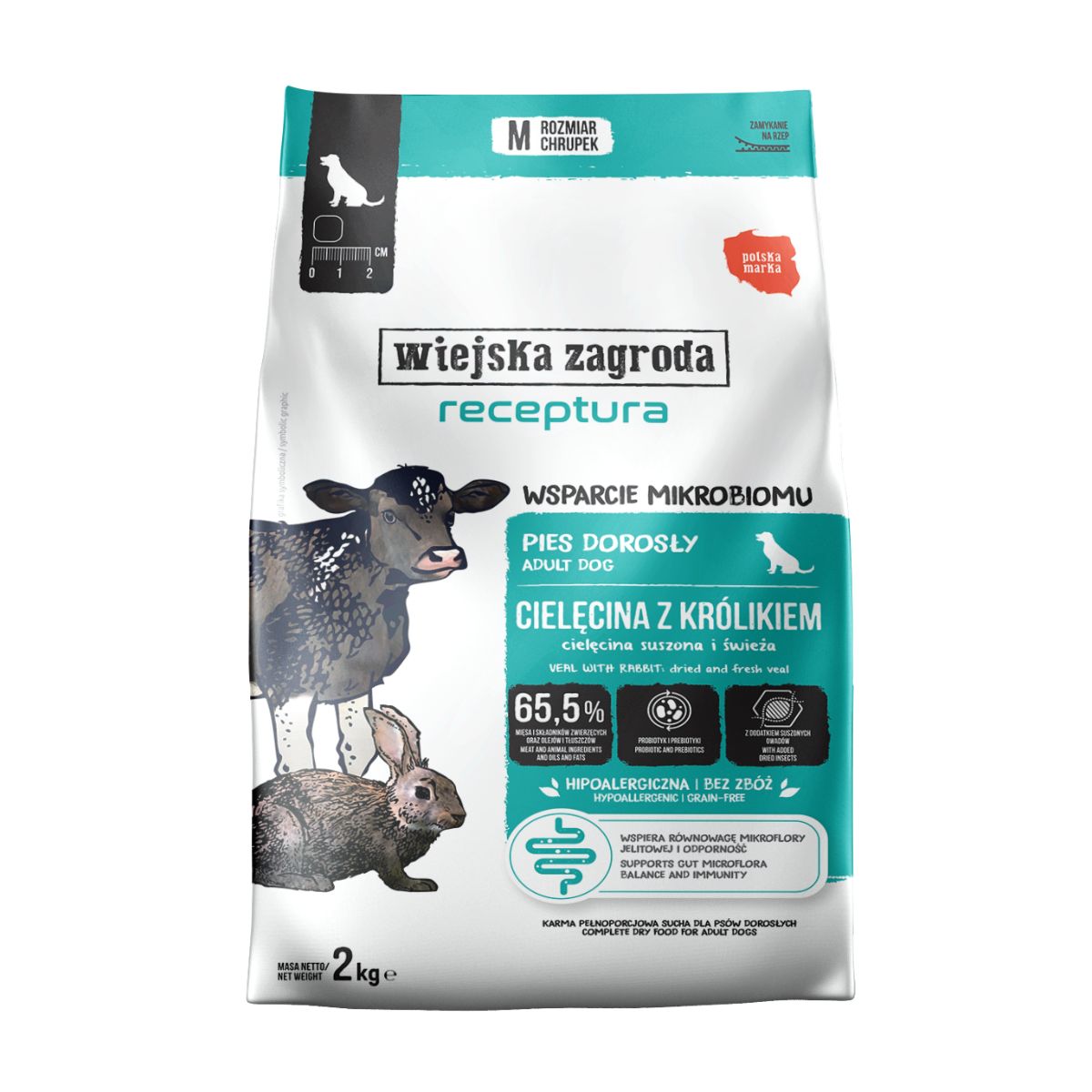 Wiejska Zagroda RECEPTURA Karma sucha dla psa Cielęcina z Królikiem wsparcie mikrobiomu 2kg